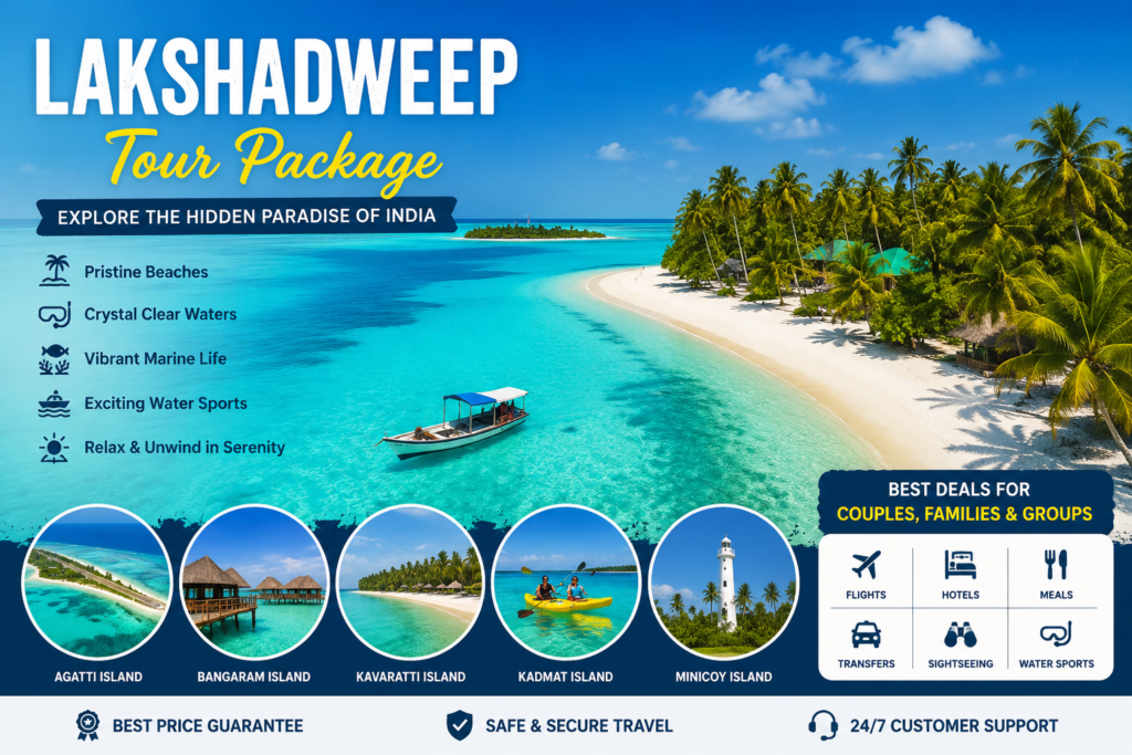 Lakshadweep tour package showcasing a stunning tropical island with crystal-clear turquoise waters, white sandy beaches, lush coconut palm trees, and scenic aerial views of the Lakshadweep archipelago.